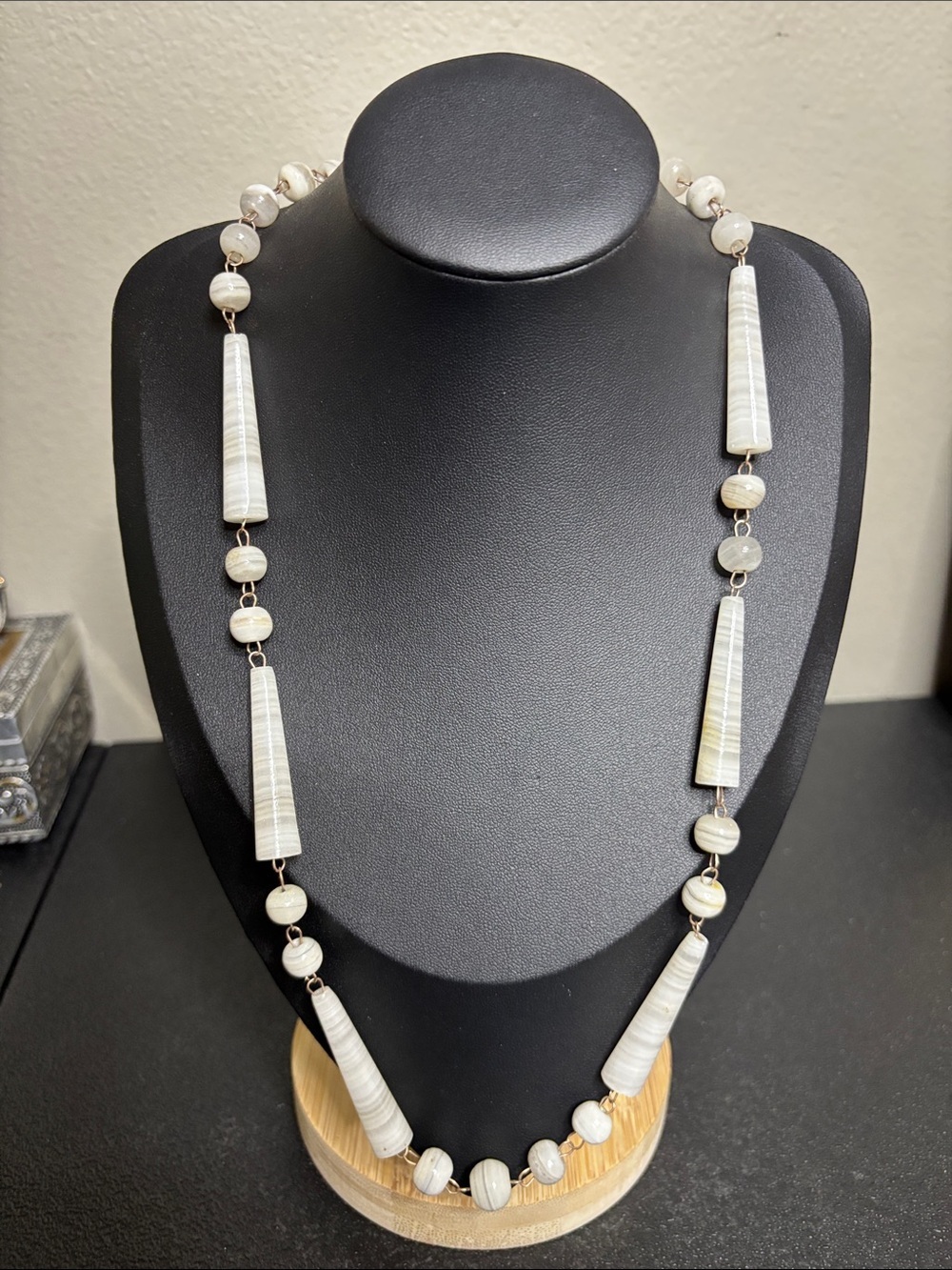 Vintage Handcrafted Cream Bead and Tapered Stone Necklace Artisan